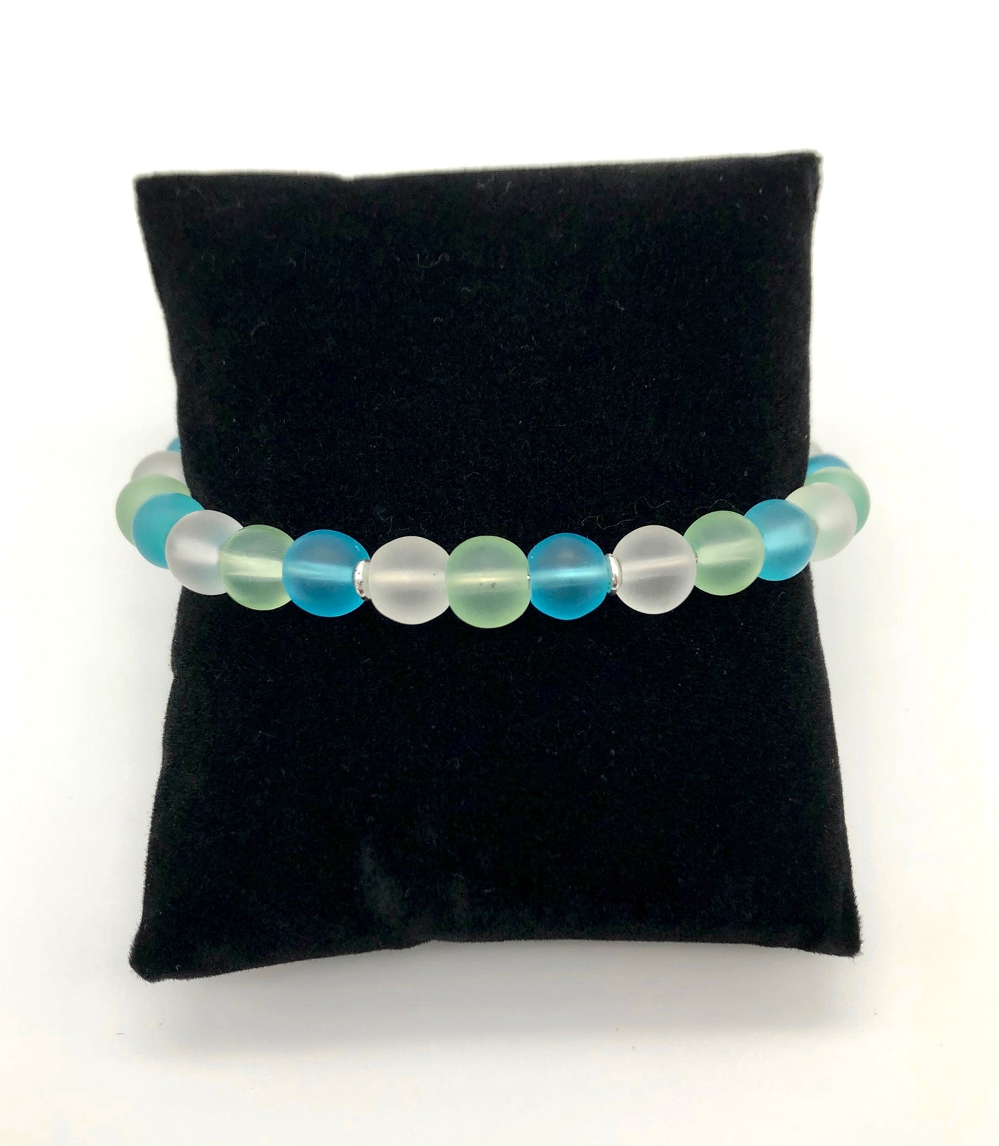 Aqua, light green, and white frosted beads memory wire bracelet