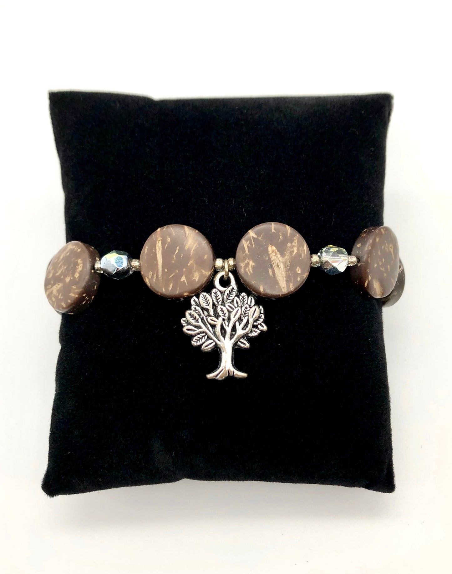 Antique silver round tree charm, round wood bead, amber glass bead stretch bracelet