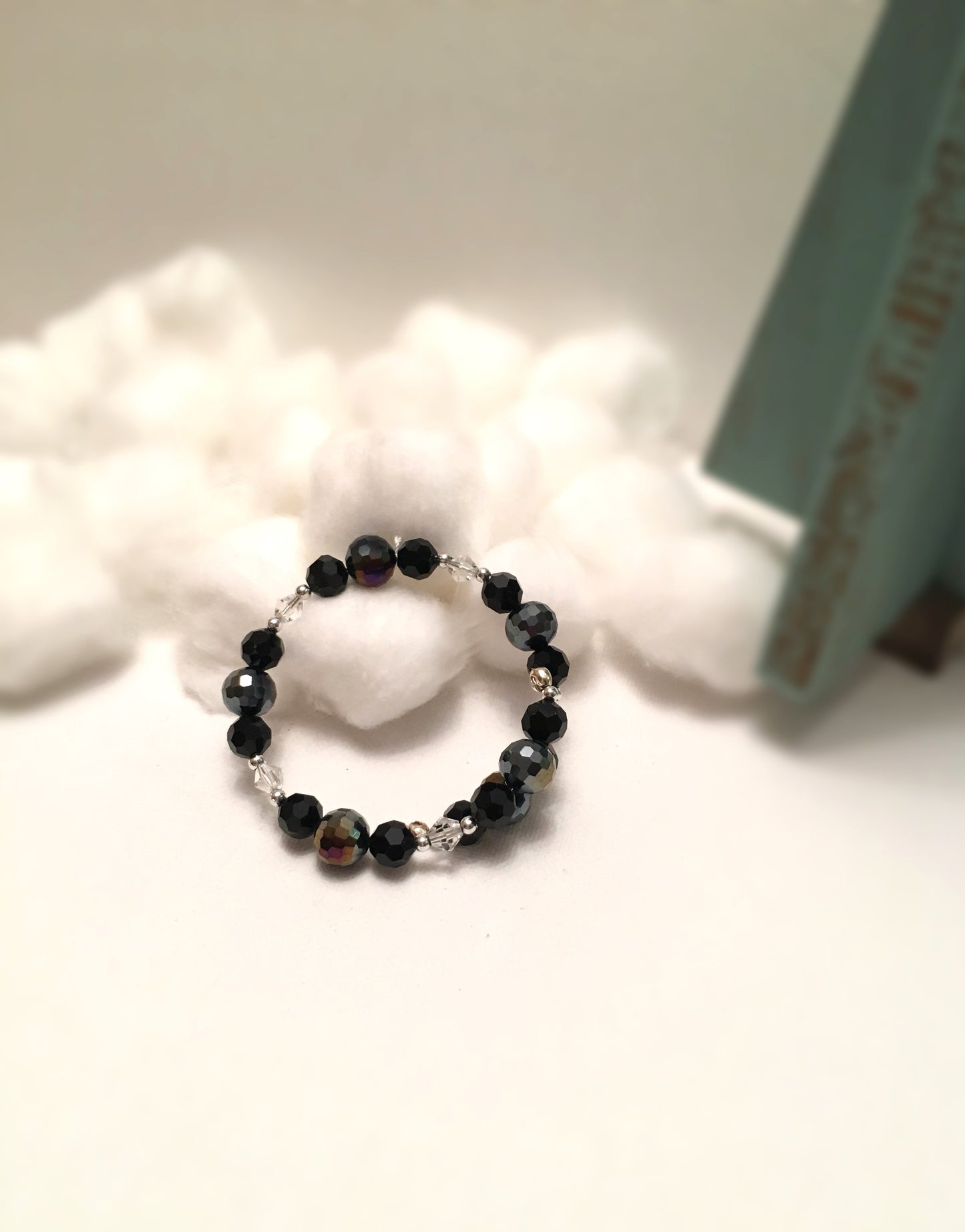 Black, dark disco grey, and crystal beaded silver memory wire bracelet