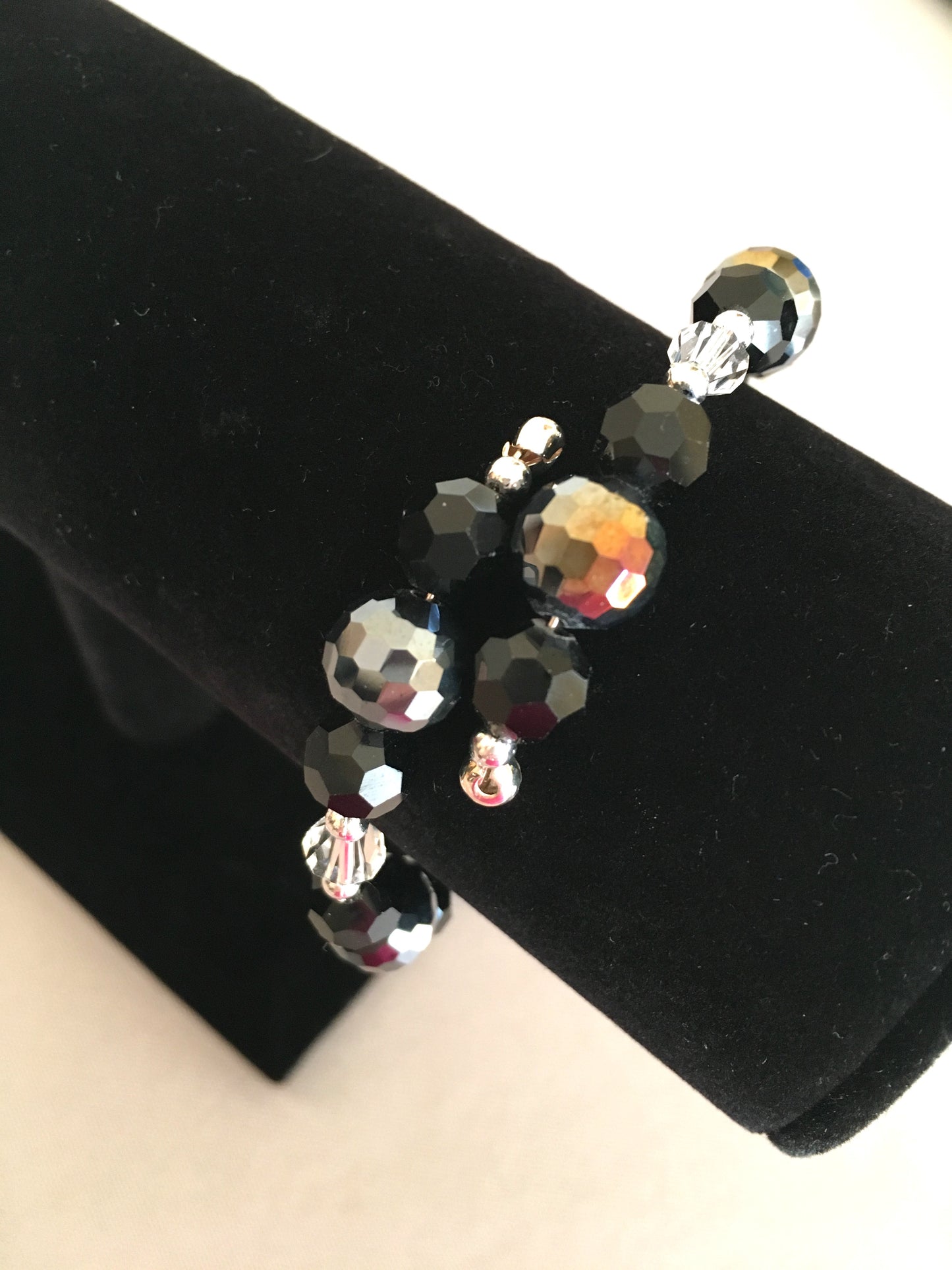 Black, dark disco grey, and crystal beaded silver memory wire bracelet