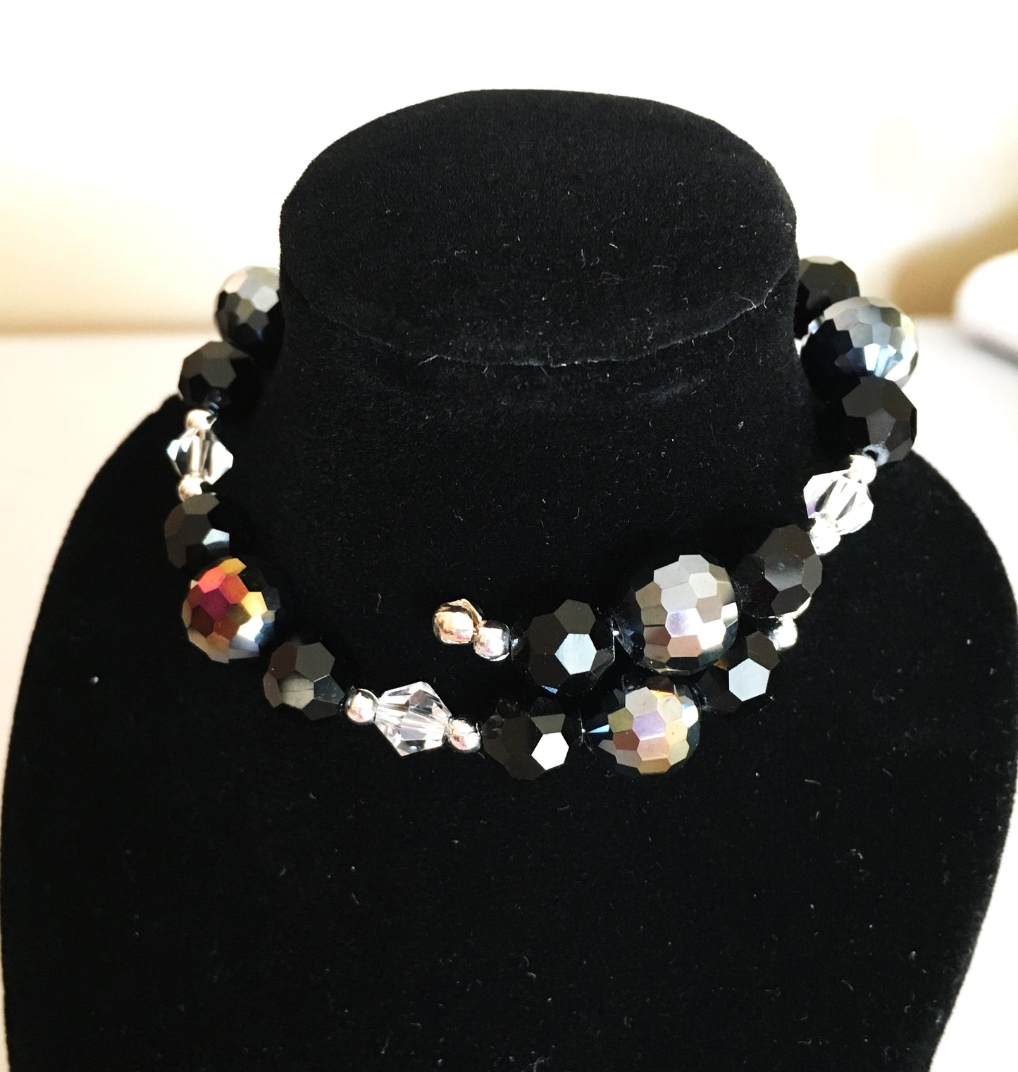 Black, dark disco grey, and crystal beaded silver memory wire bracelet