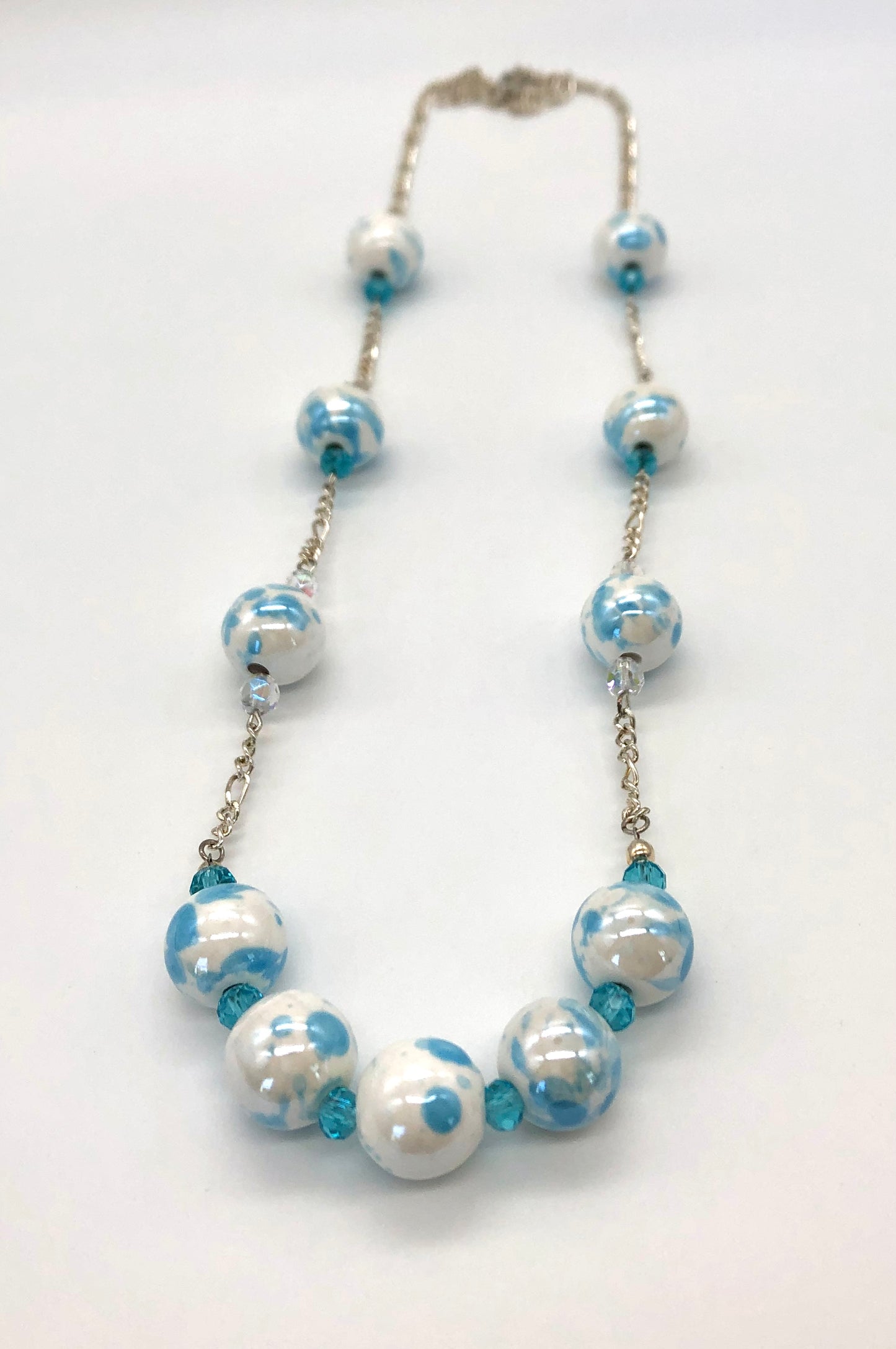 Aqua blue and white marble beaded chain necklace