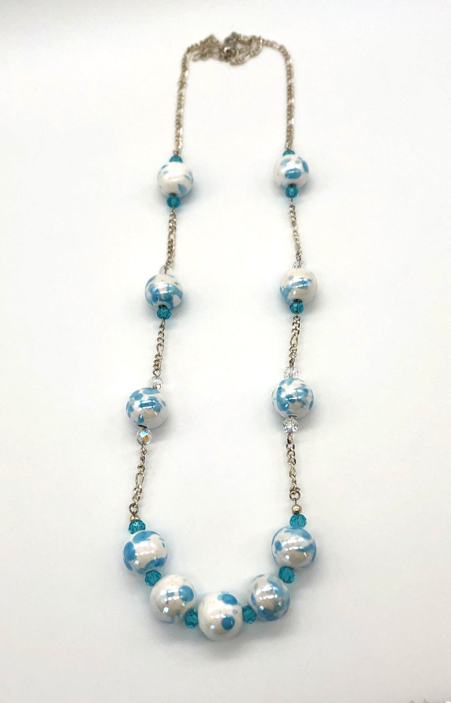 Aqua blue and white marble beaded chain necklace