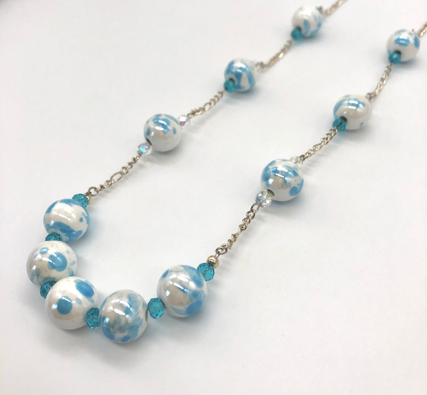 Aqua blue and white marble beaded chain necklace