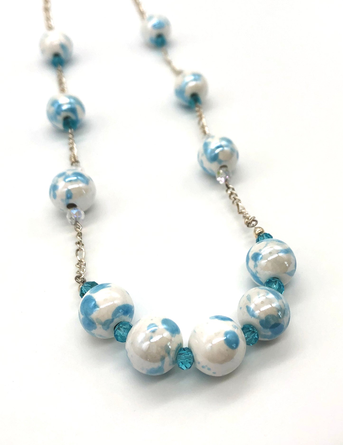 Aqua blue and white marble beaded chain necklace