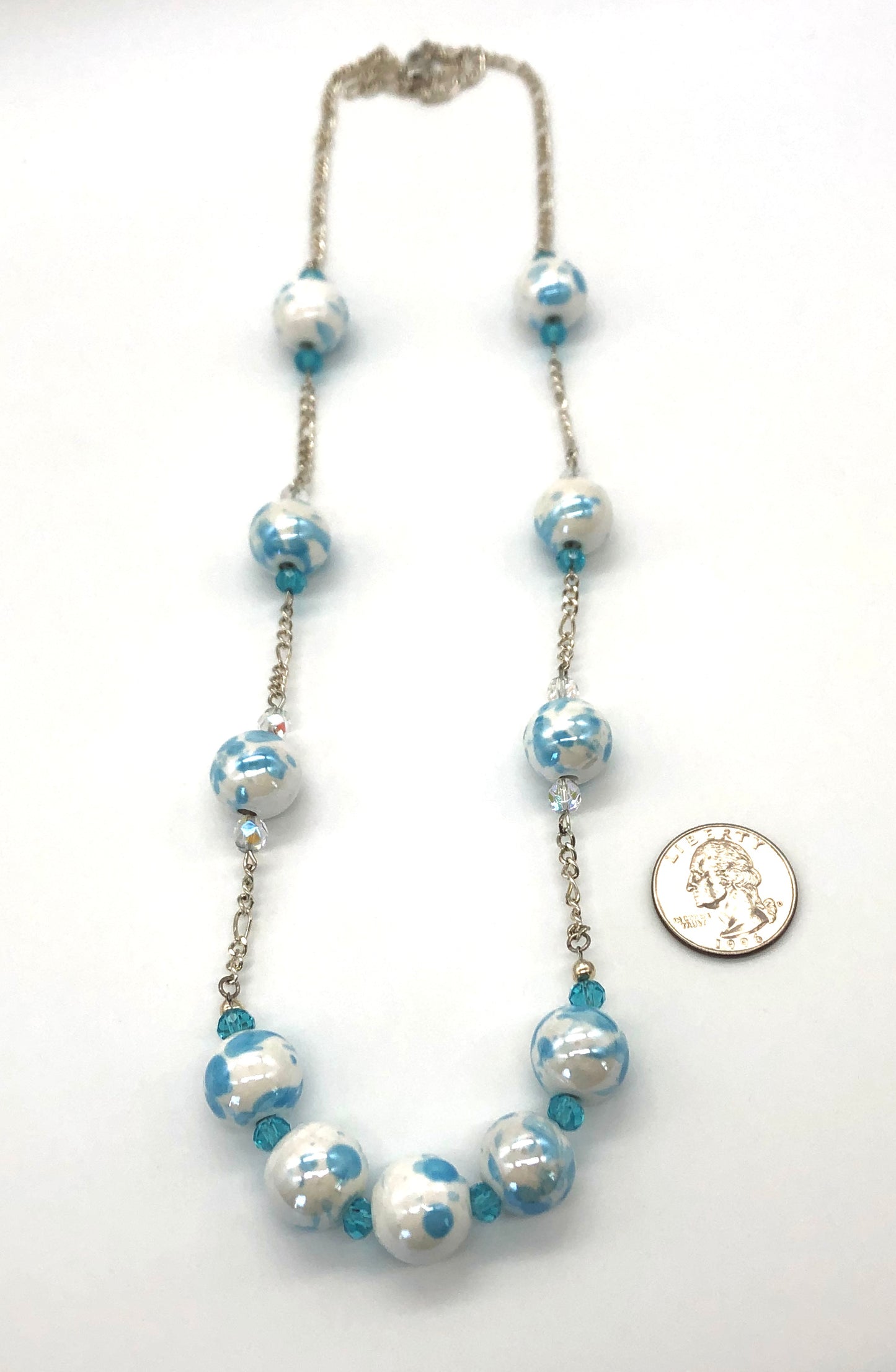 Aqua blue and white marble beaded chain necklace