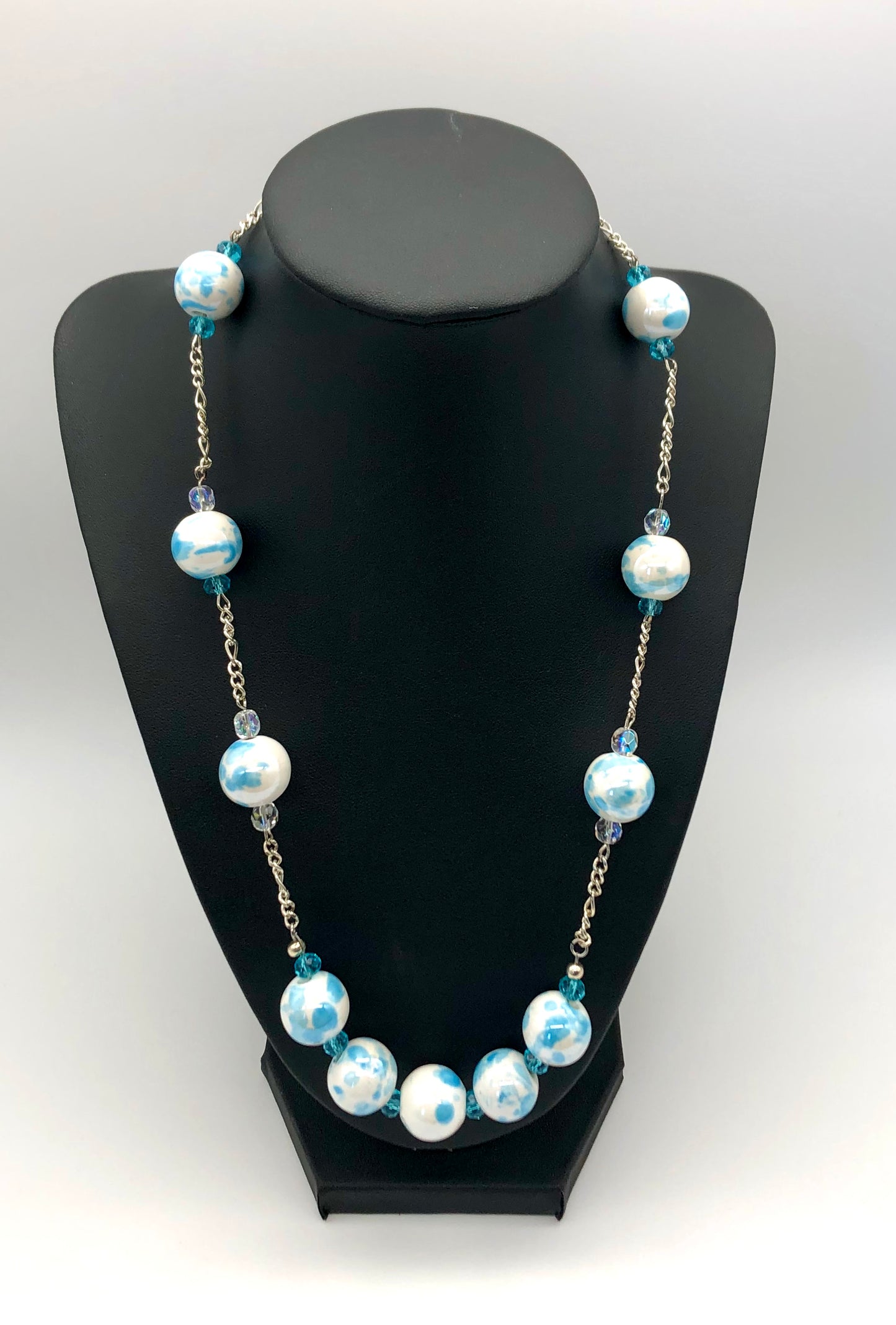 Aqua blue and white marble beaded chain necklace