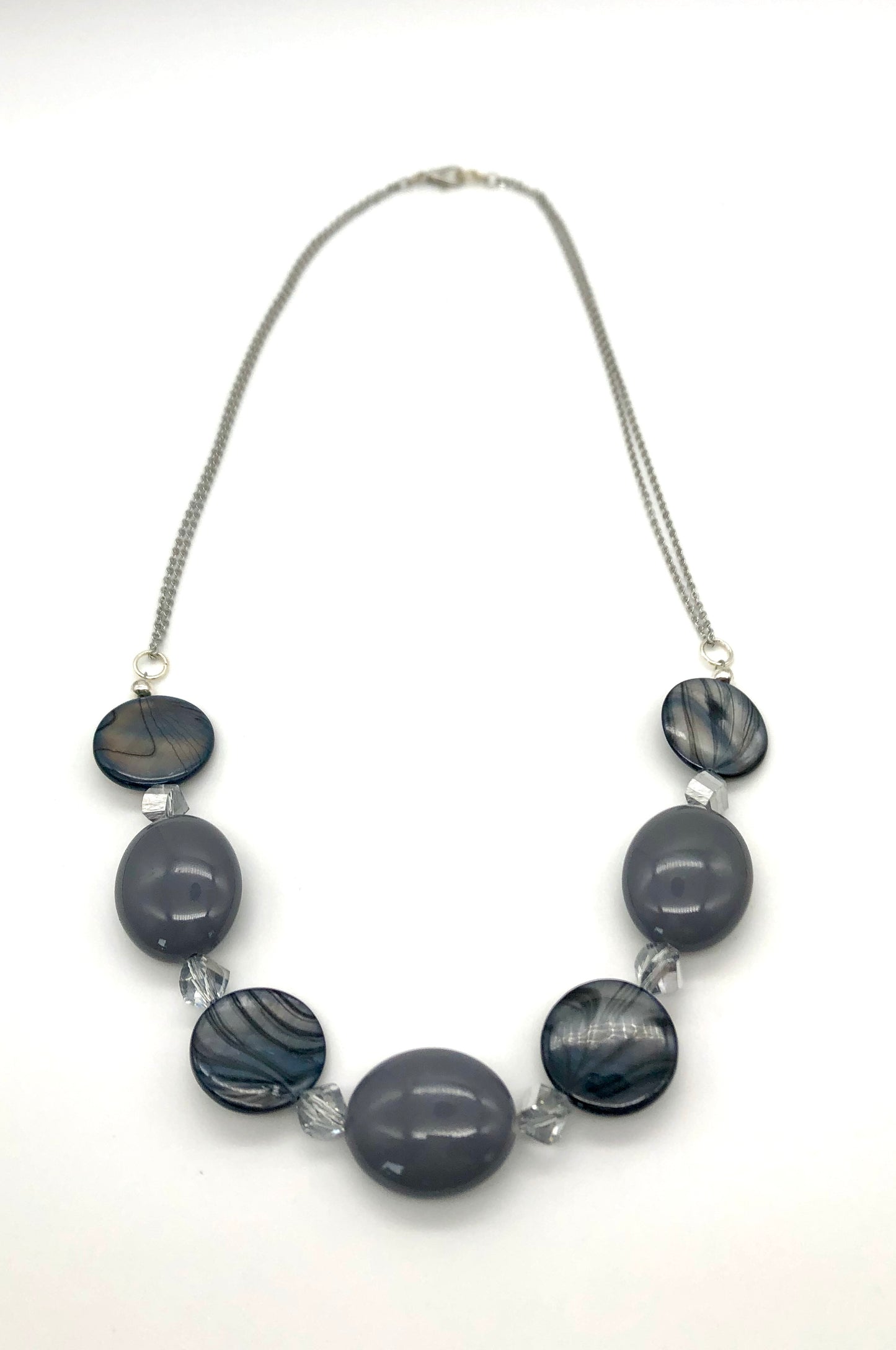 Grey bead and blue-grey shell silver chain necklace