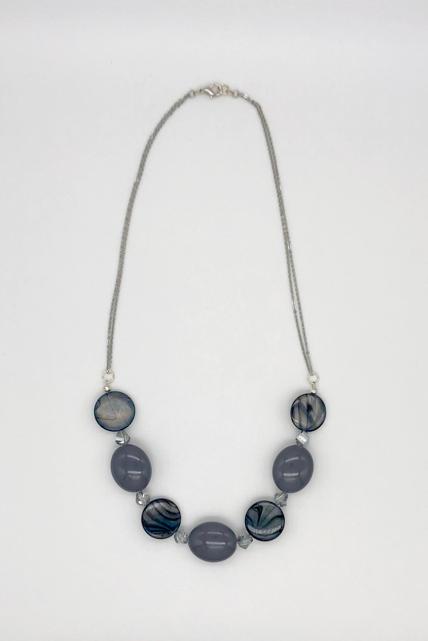 Grey bead and blue-grey shell silver chain necklace