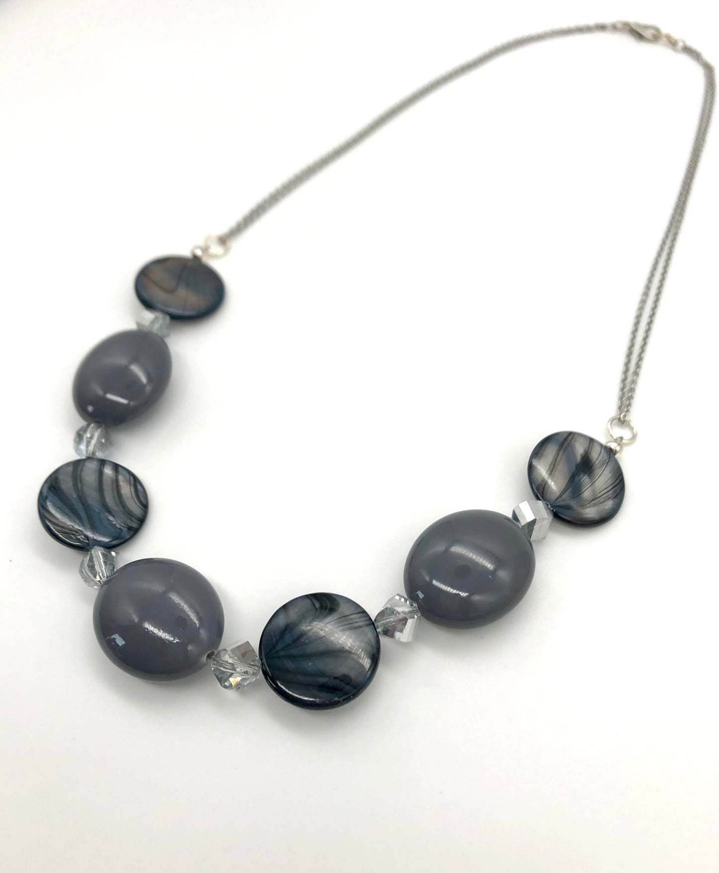 Grey bead and blue-grey shell silver chain necklace
