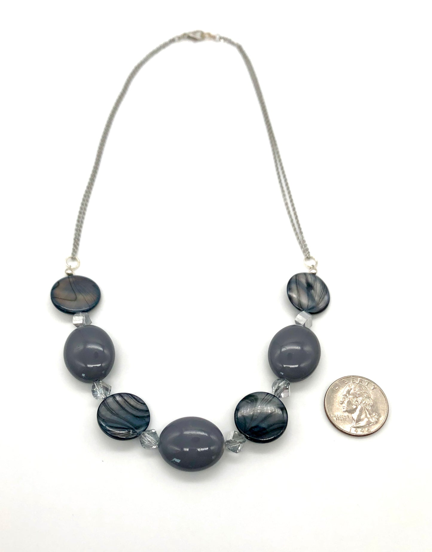 Grey bead and blue-grey shell silver chain necklace