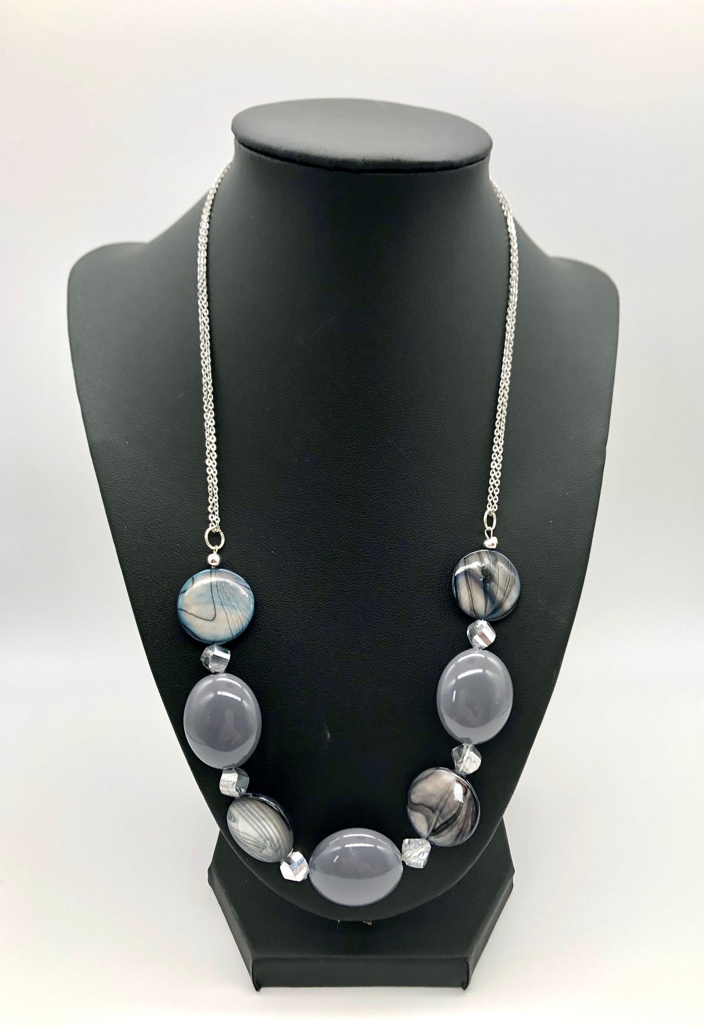 Grey bead and blue-grey shell silver chain necklace