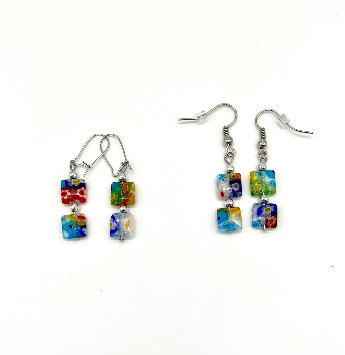 Multi-color millefiori square glass bead earrings