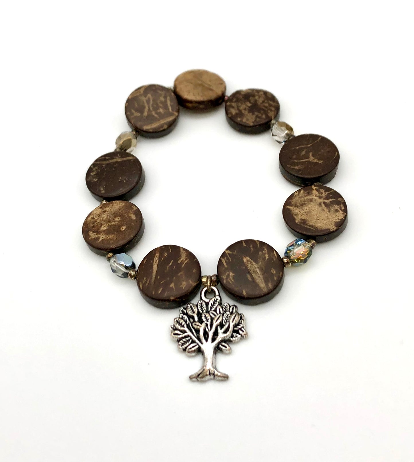 Antique silver round tree charm, round wood bead, amber glass bead stretch bracelet