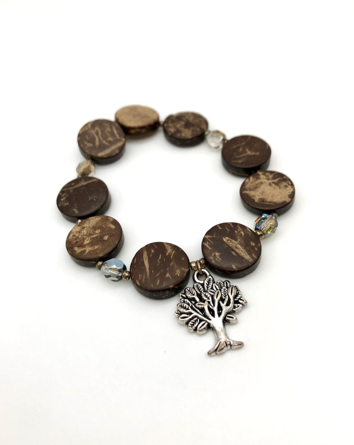 Antique silver round tree charm, round wood bead, amber glass bead stretch bracelet