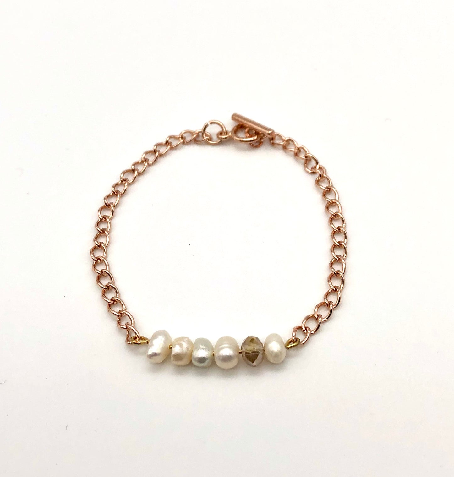 Champagne glass bead and freshwater pearl rose gold chain bracelet