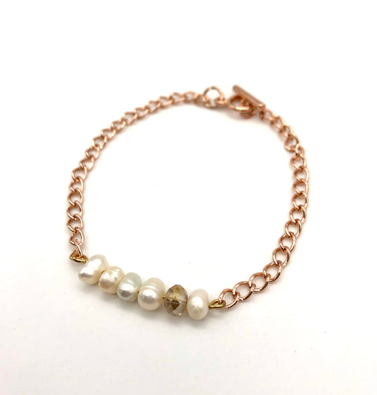 Champagne glass bead and freshwater pearl rose gold chain bracelet