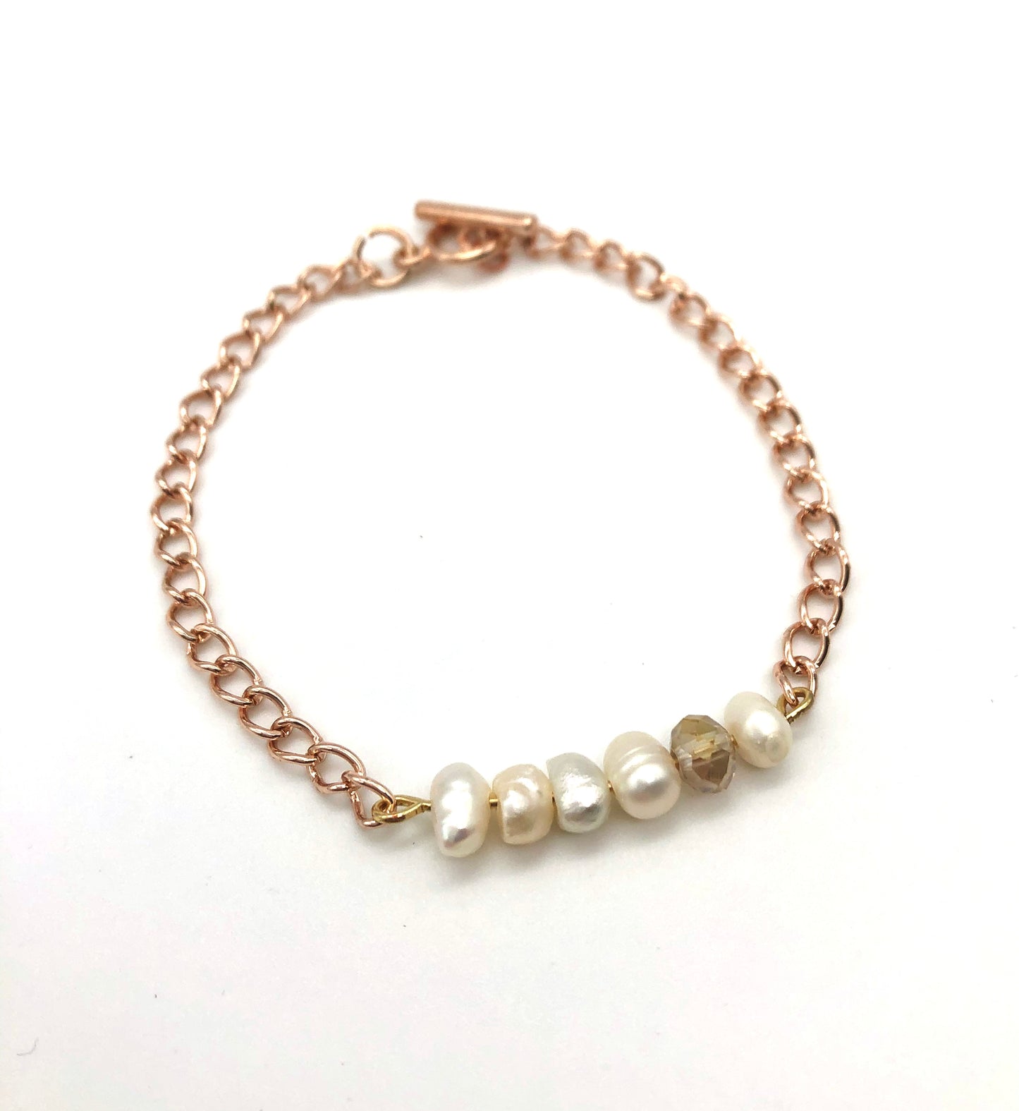 Champagne glass bead and freshwater pearl rose gold chain bracelet