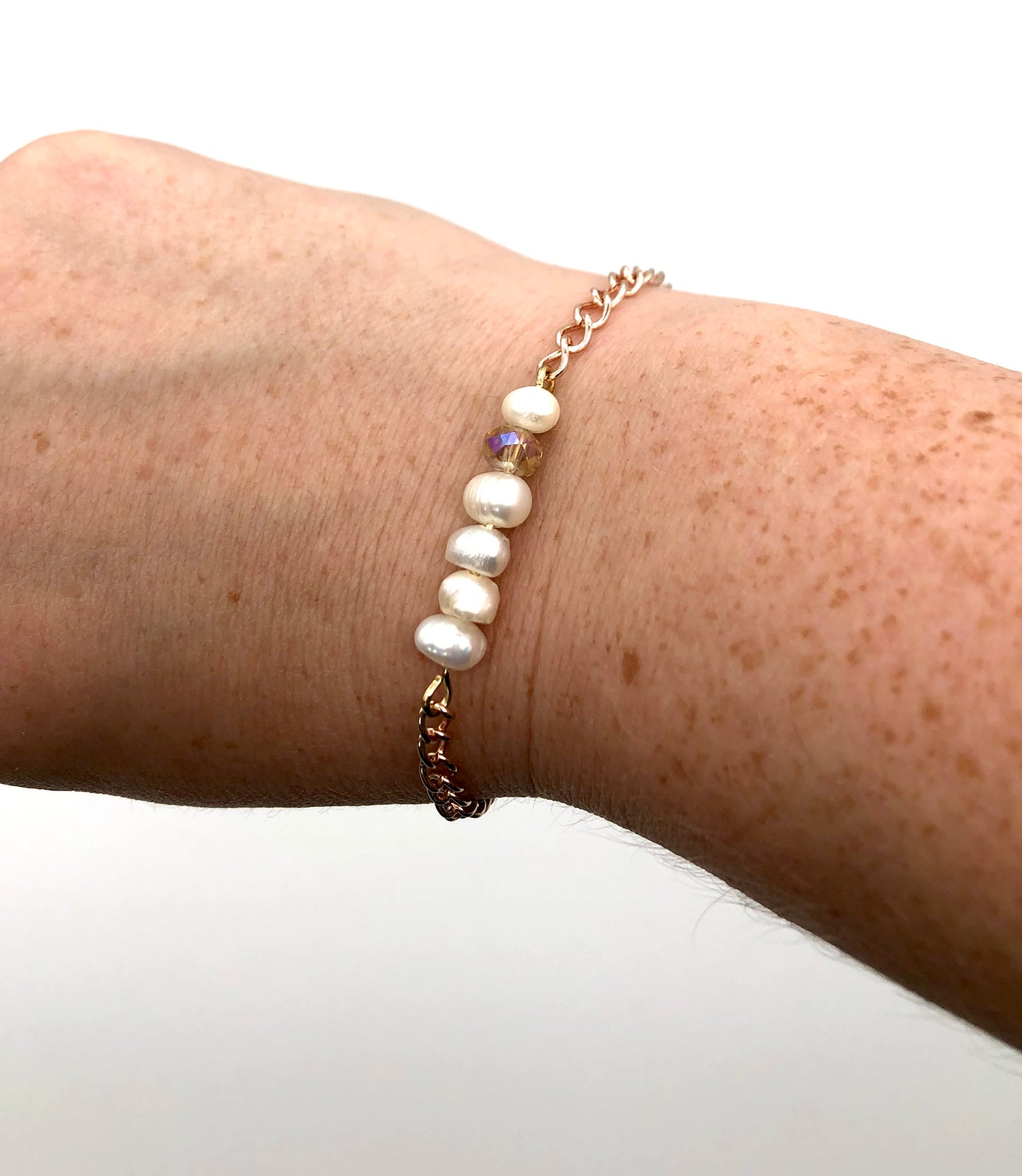Champagne glass bead and freshwater pearl rose gold chain bracelet