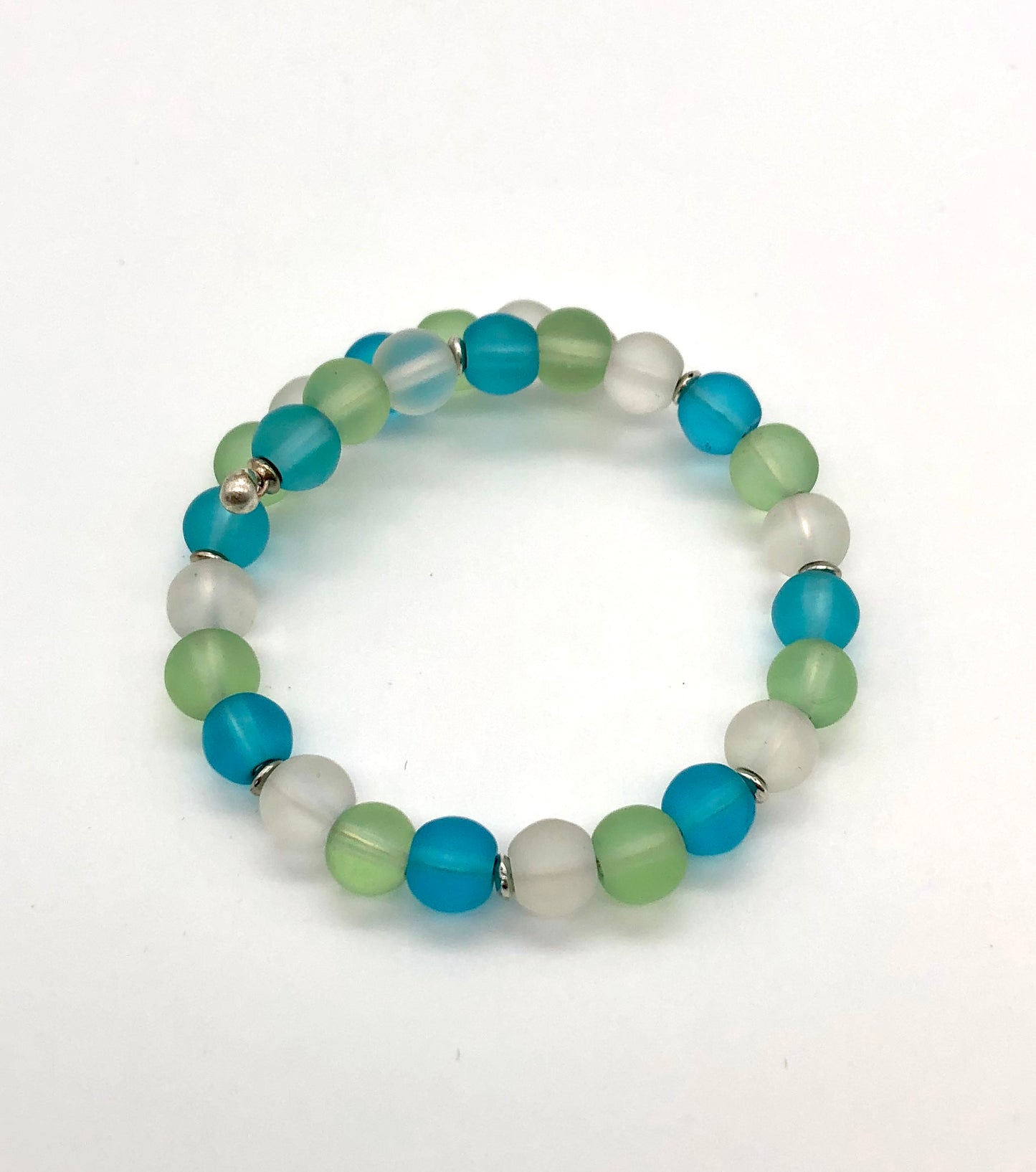 Aqua, light green, and white frosted beads memory wire bracelet