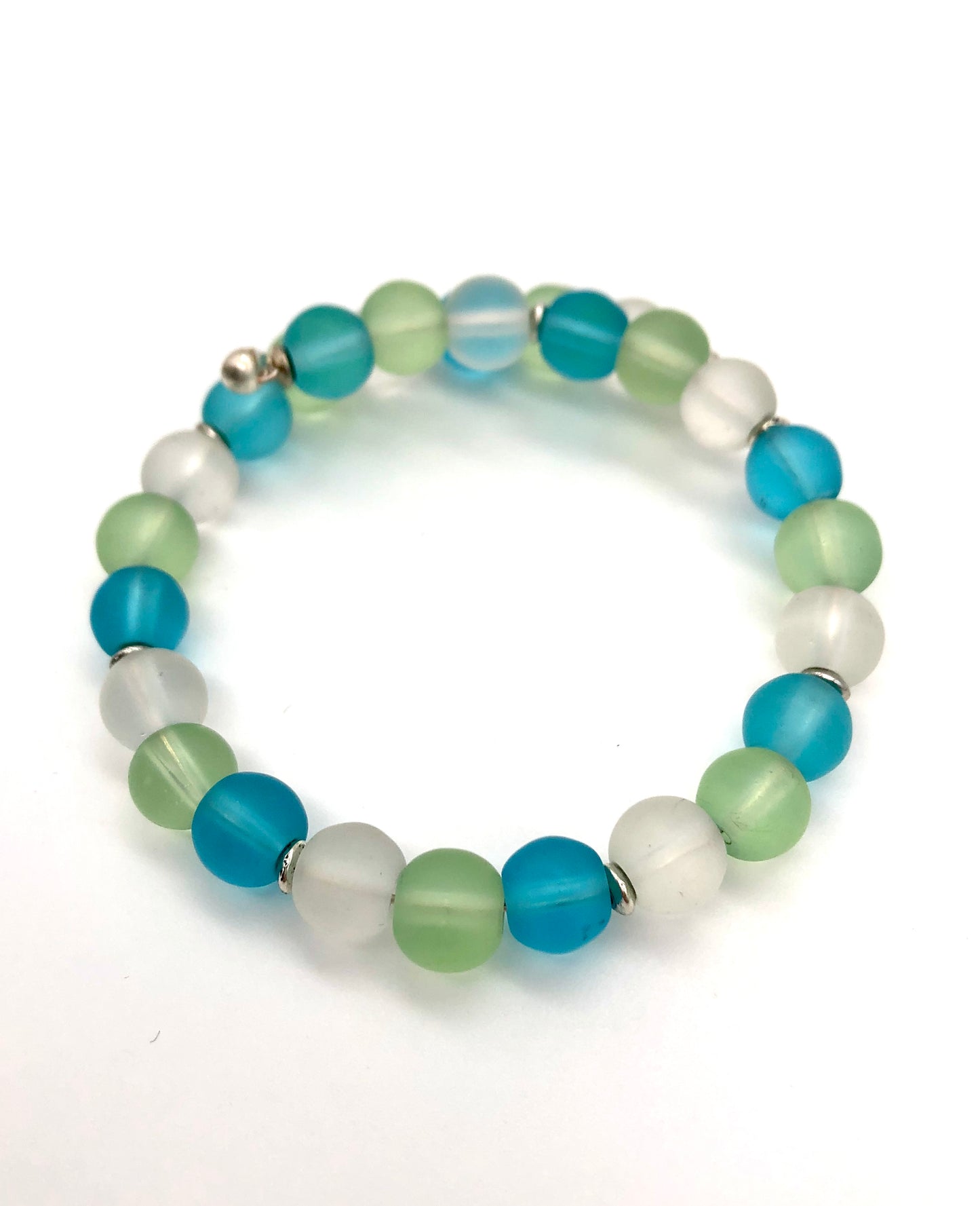 Aqua, light green, and white frosted beads memory wire bracelet