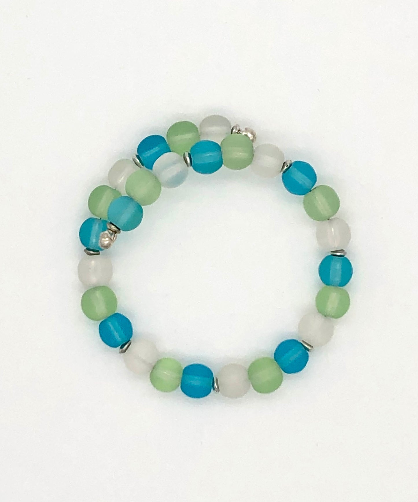 Aqua, light green, and white frosted beads memory wire bracelet
