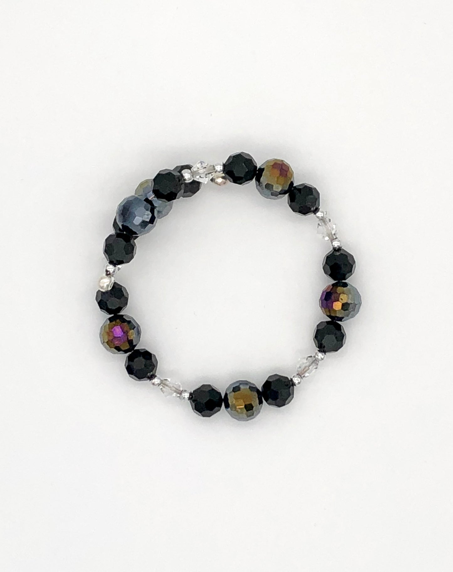Black, dark disco grey, and crystal beaded silver memory wire bracelet