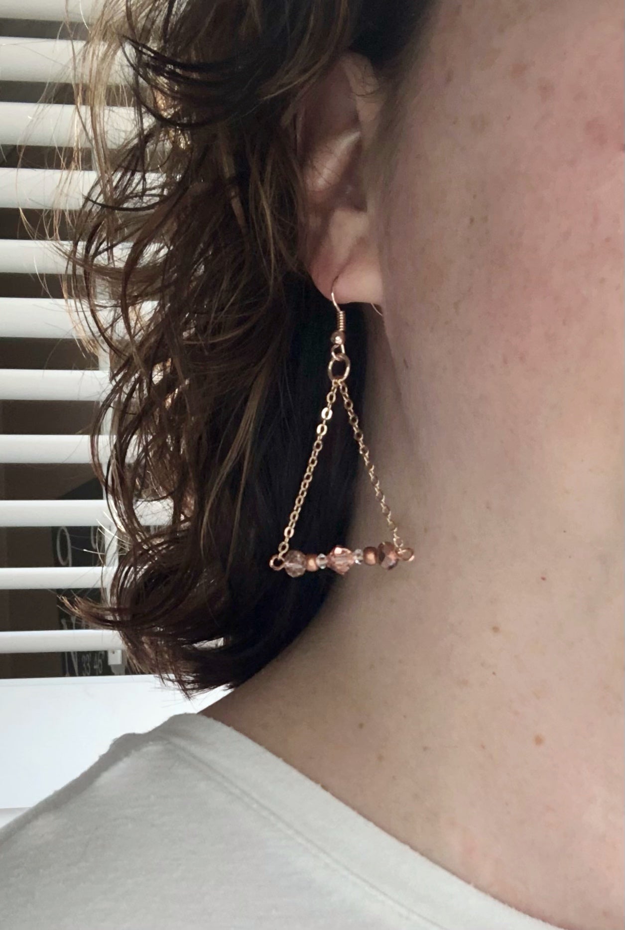Rose gold bead and chain triangle earrings