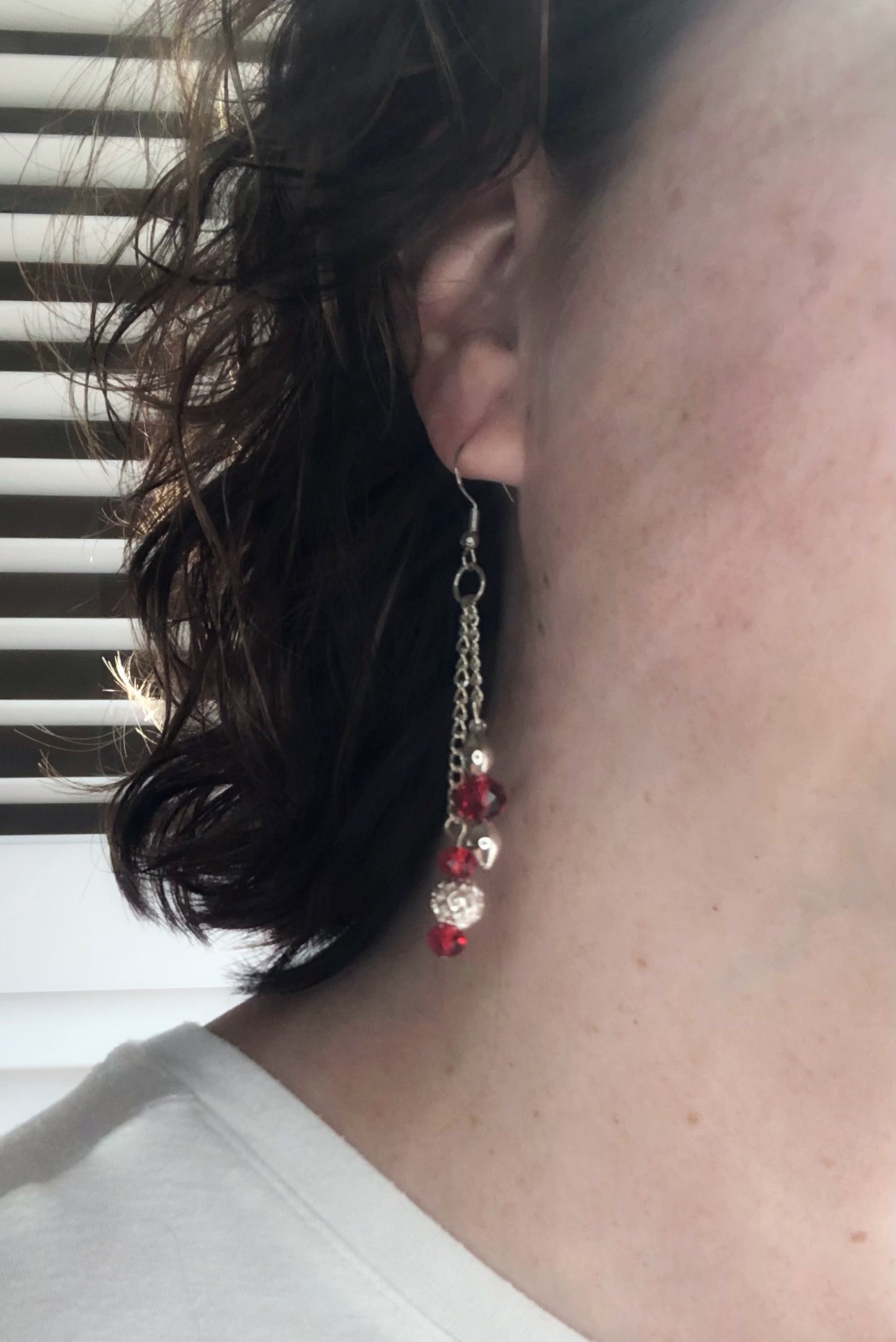 Red and silver glass bead silver chain earrings