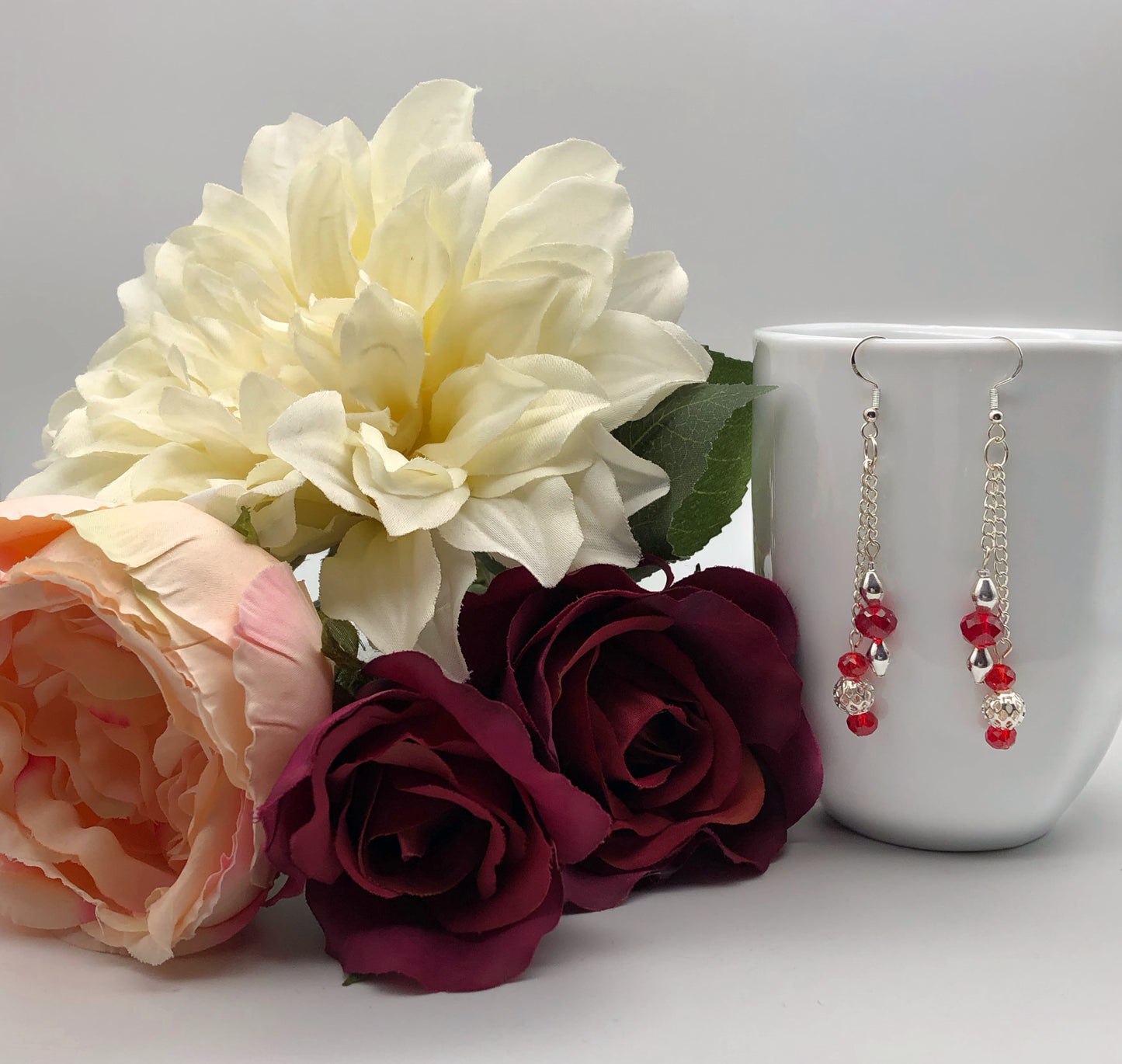 Red and silver glass bead silver chain earrings
