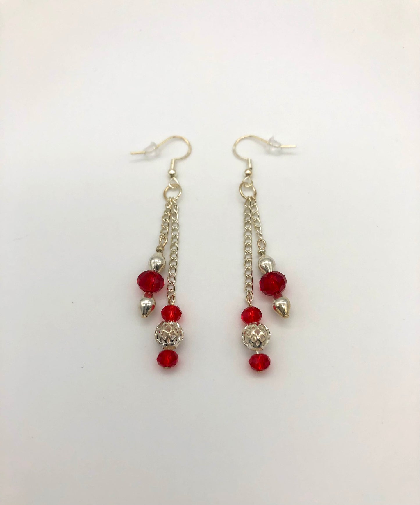 Red and silver glass bead silver chain earrings