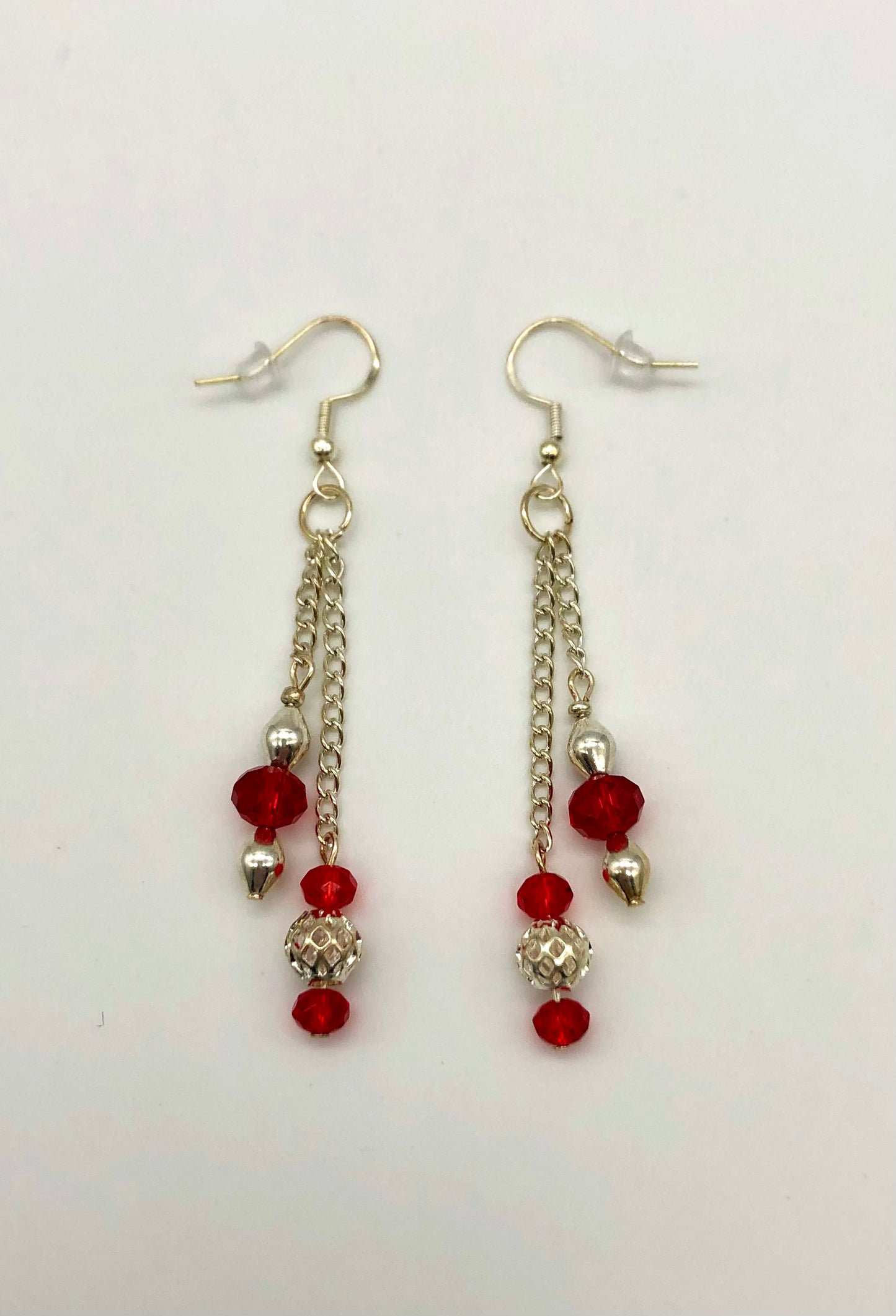 Red and silver glass bead silver chain earrings