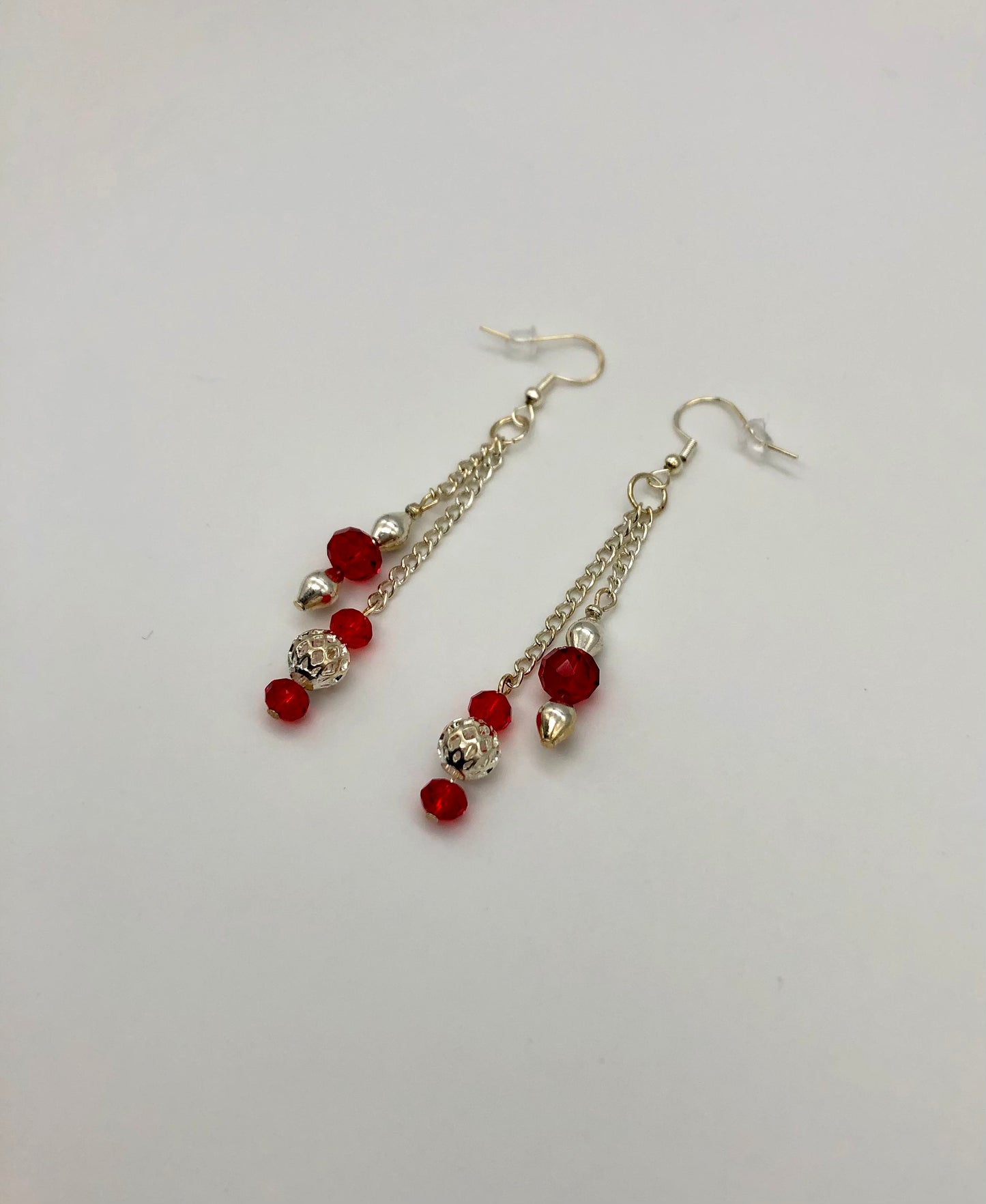 Red and silver glass bead silver chain earrings