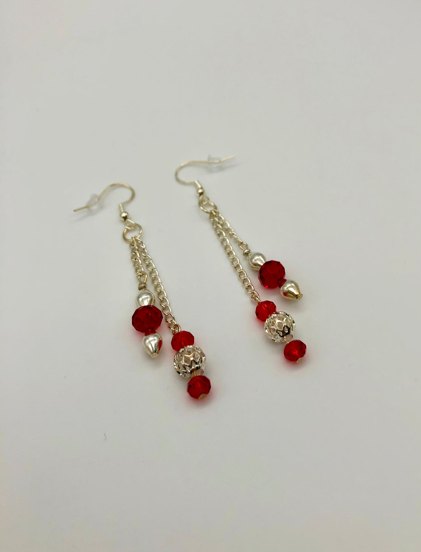 Red and silver glass bead silver chain earrings