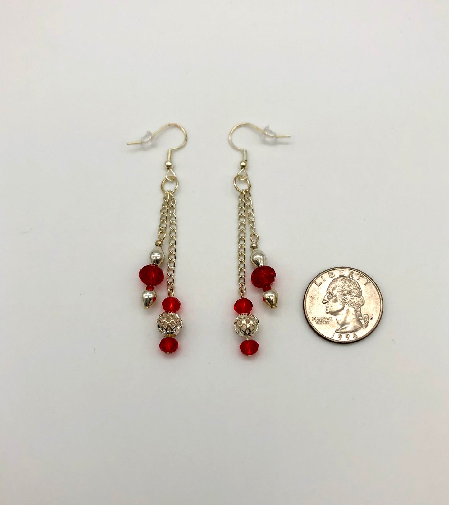 Red and silver glass bead silver chain earrings
