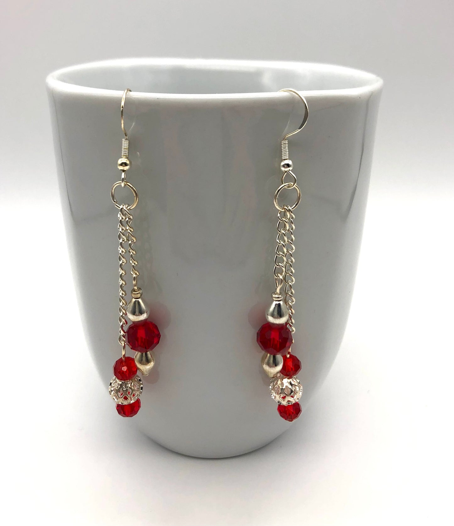 Red and silver glass bead silver chain earrings