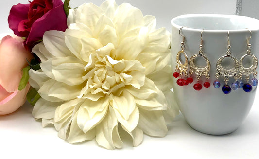 Three glass bead silver plated chandelier fishhook earrings
