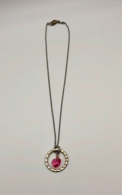 Pink crystal heart pendant silver chain necklace