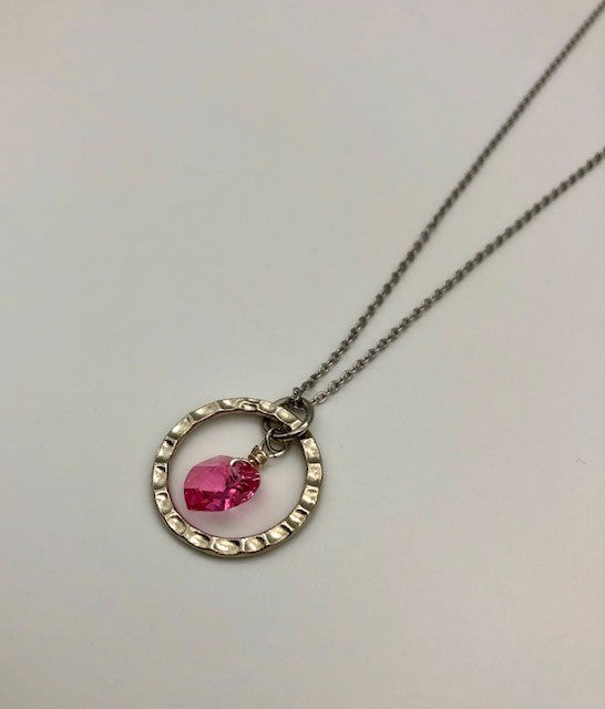 Pink crystal heart pendant silver chain necklace