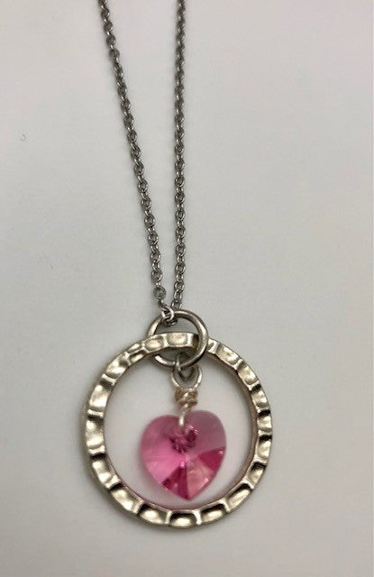 Pink crystal heart pendant silver chain necklace
