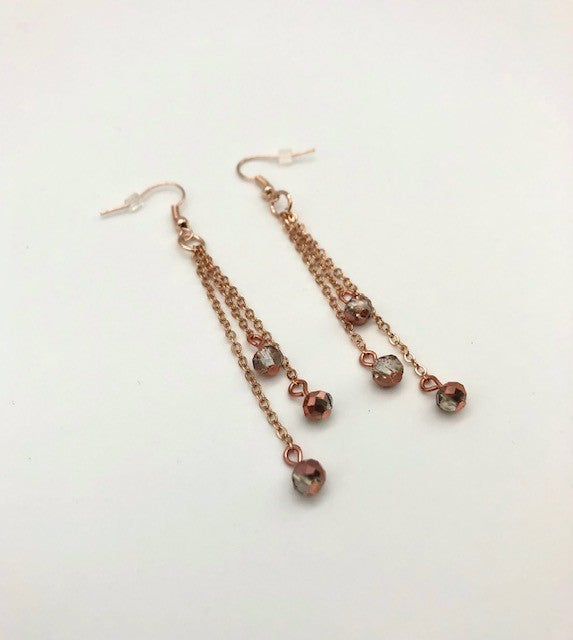 Rose gold dangle chain with bead accents earrings