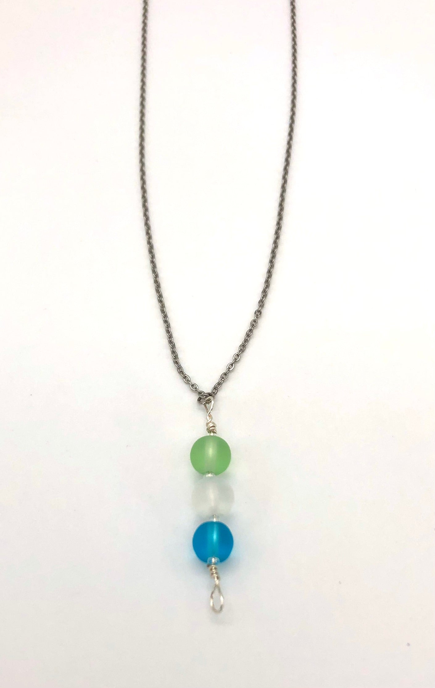 Aqua, light green, white frosted round glass bead pin pendant silver chain necklace