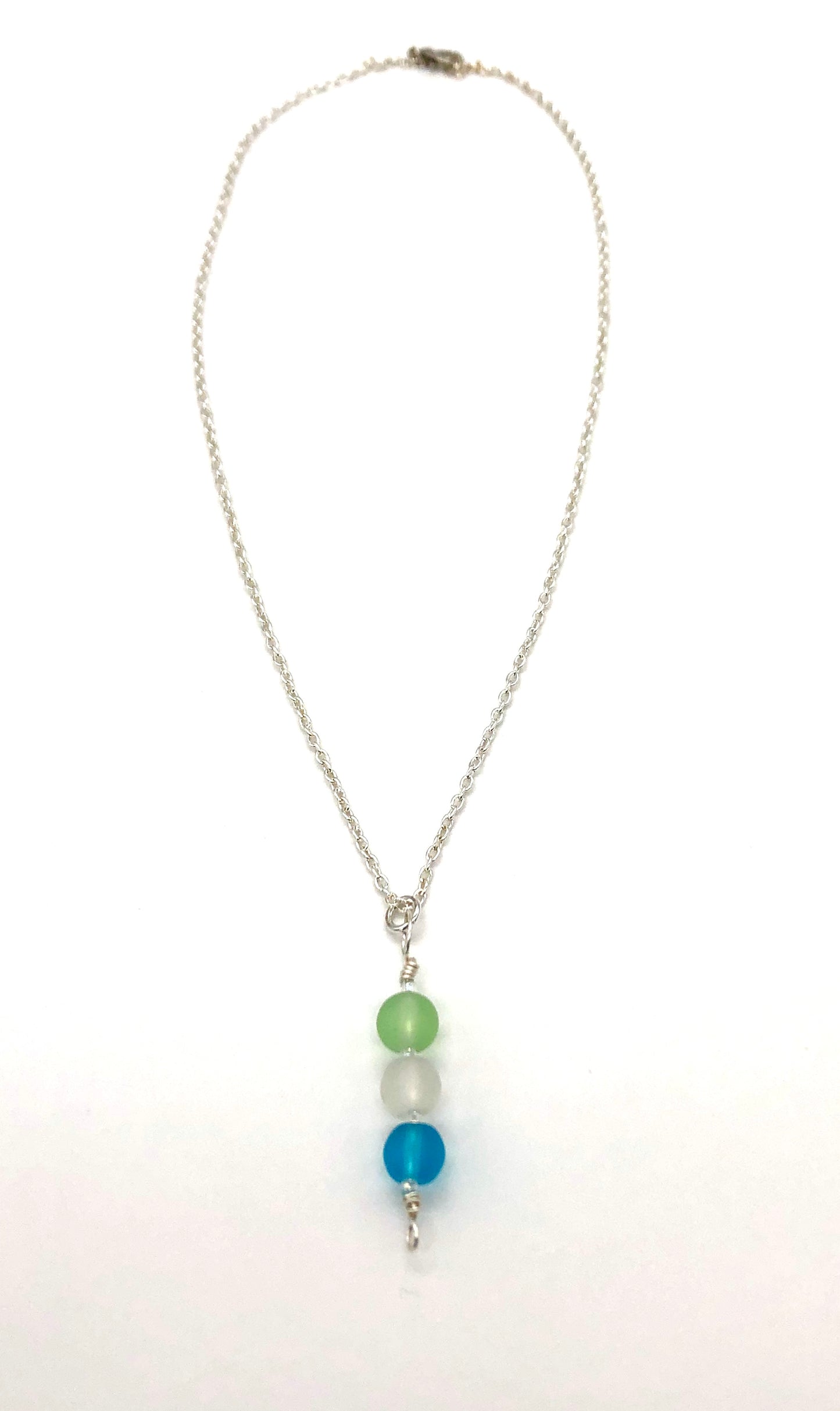 Aqua, light green, white frosted round glass bead pin pendant silver chain necklace