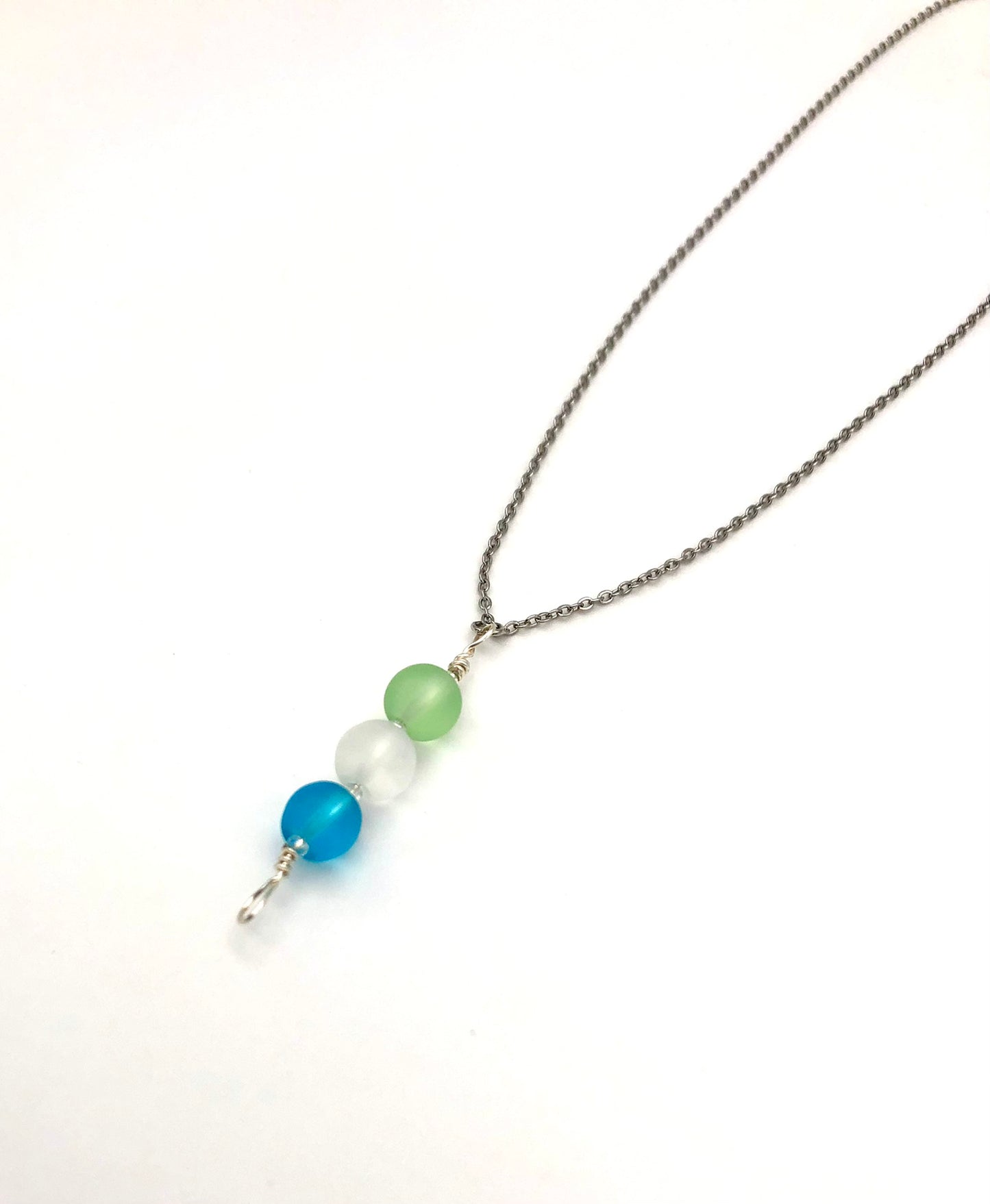 Aqua, light green, white frosted round glass bead pin pendant silver chain necklace