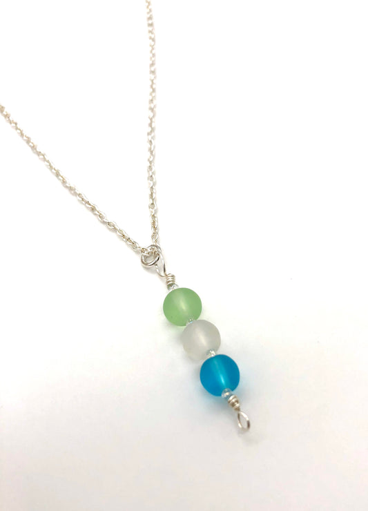 Aqua, light green, white frosted round glass bead pin pendant silver chain necklace