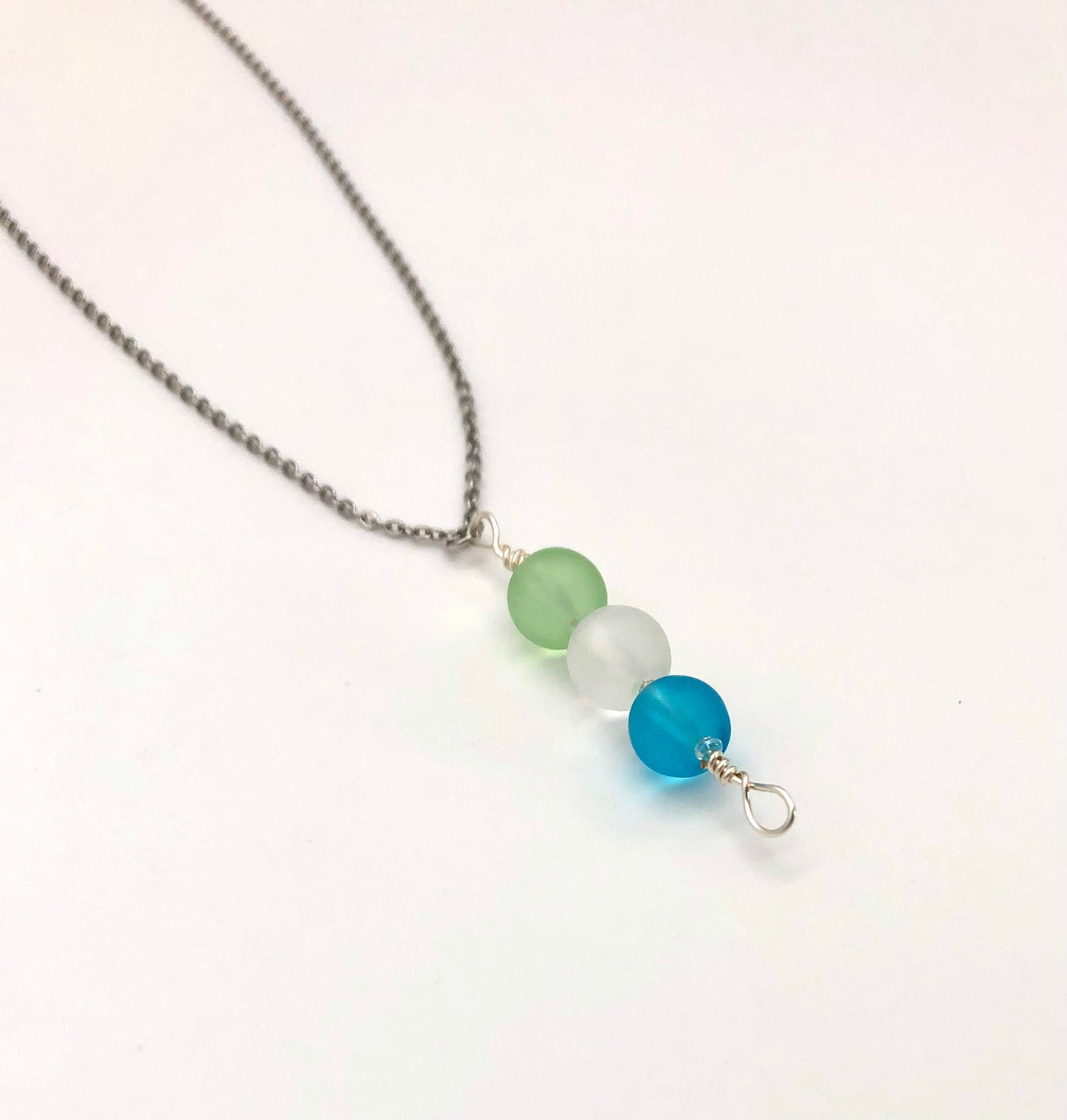 Aqua, light green, white frosted round glass bead pin pendant silver chain necklace