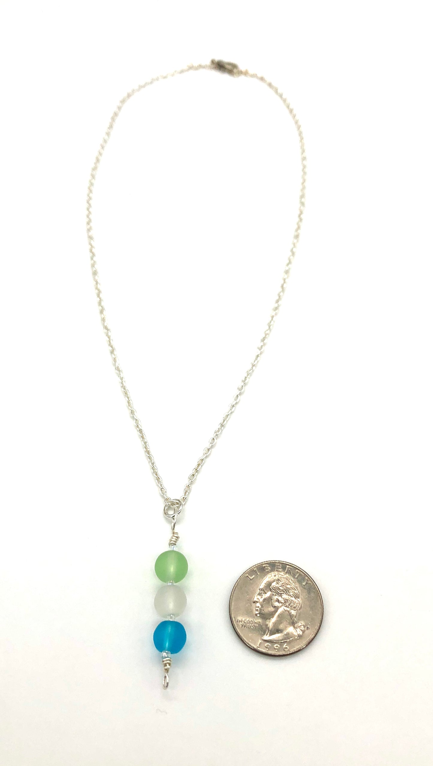 Aqua, light green, white frosted round glass bead pin pendant silver chain necklace