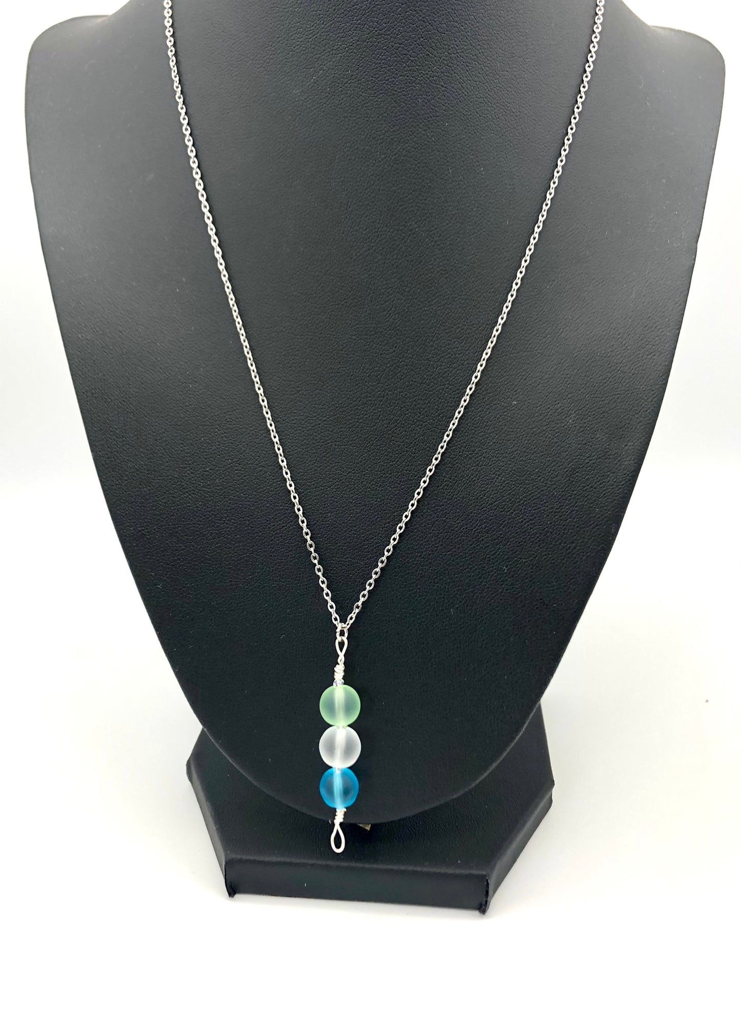 Aqua, light green, white frosted round glass bead pin pendant silver chain necklace