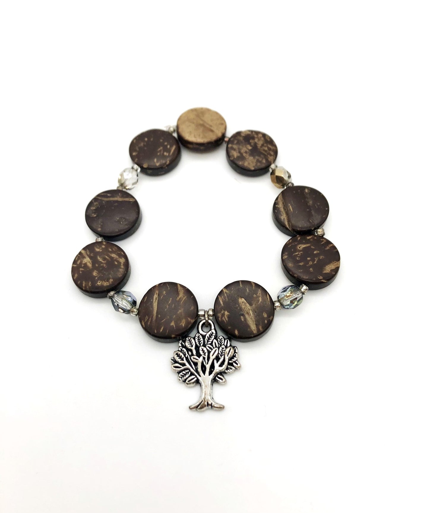 Antique silver round tree charm, round wood bead, amber glass bead stretch bracelet