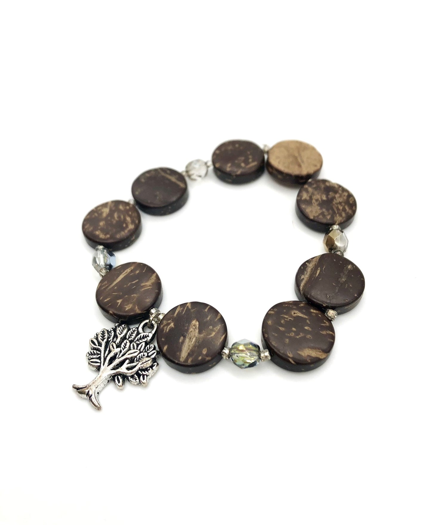 Antique silver round tree charm, round wood bead, amber glass bead stretch bracelet